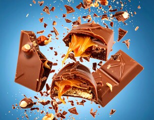 Pieces of a chocolate caramel bar with nuts explode in the air against a vivid blue background.