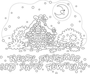 Smiling moon and a snow-covered small wooden house from a fairytale with rustic decorations, a porch and an old fence on a snowy and frosty winter night on Christmas Eve, vector cartoon illustration