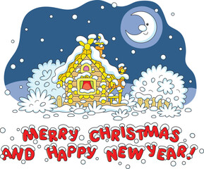 Greeting card with a smiling moon and a snow-covered small wooden house from an old fairytale with rustic decorations, a porch and an old fence on a snowy and frosty winter night on Christmas Eve