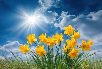 Sunny sky backdrop featuring vibrant yellow daffodils. Grass blades swaying beneath a bright sunlight and soft white clouds drifting in the sky