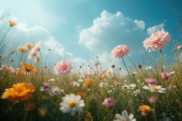 Gorgeous blossoms in a field with blue sky and lush greenery