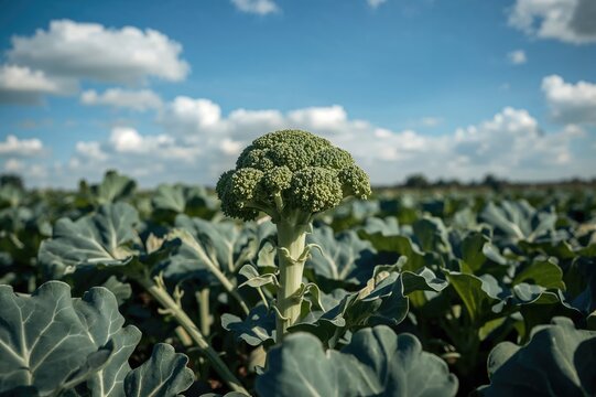 Fresh green broccoli cabbage thriving outdoors. Close-up of a delicious and nutritious vegetable.