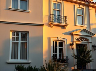 Fototapeta premium Elegant Stucco Building Facade at Golden Hour