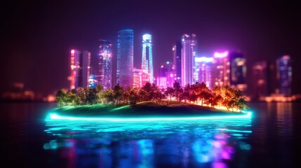 Naklejka premium Colorful city skyline at night with illuminated island in the foreground