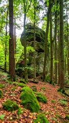 A large, moss-covered rock formation stands tall amidst a lush forest of tall trees, bathed in the soft light of a summer day.