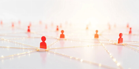 Clean 3D rendering of a human-icon social connection network showing people avatars linked together in an interconnected system symbolizing communication, teamwork, community, and digital interaction.
