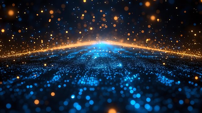 Abstract digital landscape with glowing blue particle grid surface and golden light horizon, floating orange bokeh lights against dark background. For tech concepts.