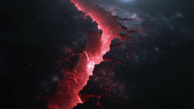 A dramatic rift of glowing red energy splits through a dark galaxy in stylized space art, set against a cosmic starfield background