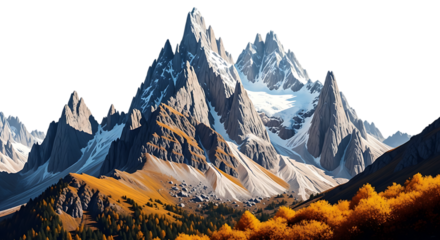 Majestic snow capped jagged mountain peaks bathed in dramatic golden hour sunlight with autumn foliage in the foreground against a stark black sky
