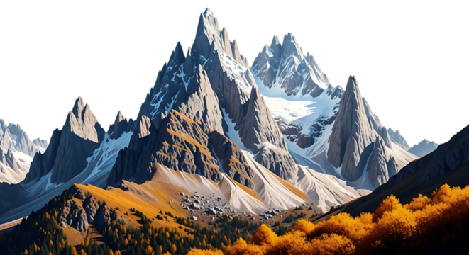 Majestic snow capped jagged mountain peaks bathed in dramatic golden hour sunlight with autumn foliage in the foreground against a stark black sky