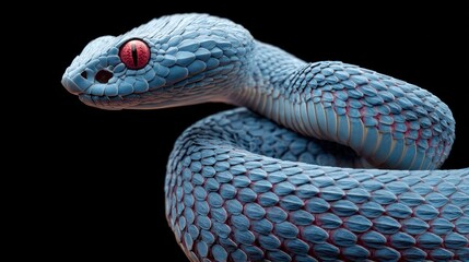 Fototapeta premium Blue snake with vibrant red eyes coiled against a dark backdrop, scales meticulously detailed in soft lighting