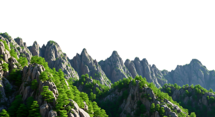 Majestic jagged granite peaks covered in lush green trees reach towards a dramatic black sky in a surreal natural landscape