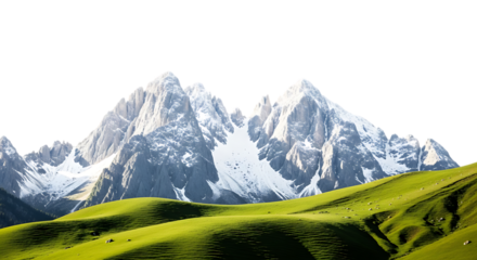 Majestic snow capped mountain peaks rise dramatically above lush green rolling hills under a stark black sky