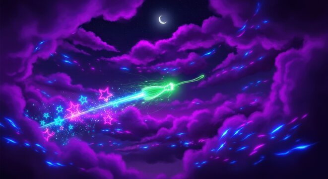Magical witch broom flying through a starry night sky with purple clouds