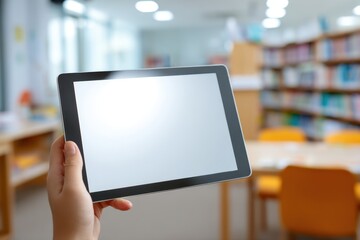 Close-up of a person holding a digital tablet with a blank white screen in a modern library setting.