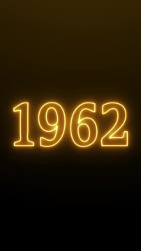 Futuristic glowing neon light 1962 text. Animated text 1962 neon glowing with reflection, Glowing neon number text background.