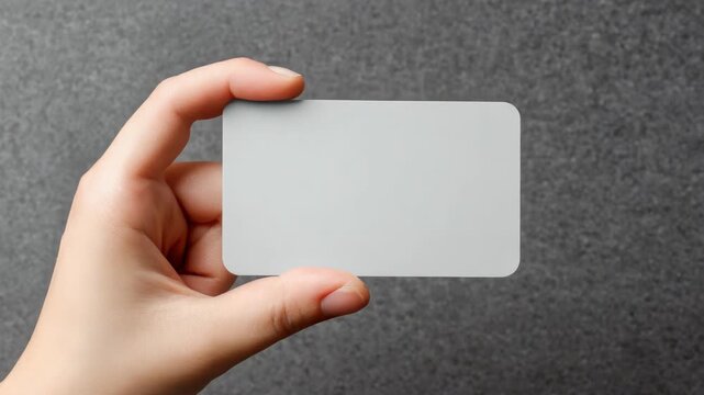 Close-up of a hand holding a blank plastic card with rounded corners, realistic photo style, against a textured gray wall background, concept of identity