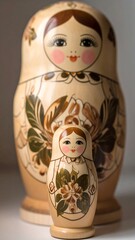 Two nesting dolls in light beige, detailed with floral patterns and painted faces, present a charming and traditional display.