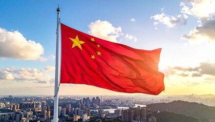 China or chinese flag wavering in beautiful clouds with building skyline. The flag blowing with beautiful sunlight. China or chinese national flag for independence day.