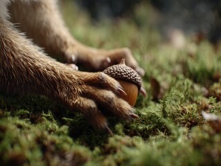 Obraz premium Close-up of a squirrel's furry paws with sharp claws holding a single acorn on green moss.