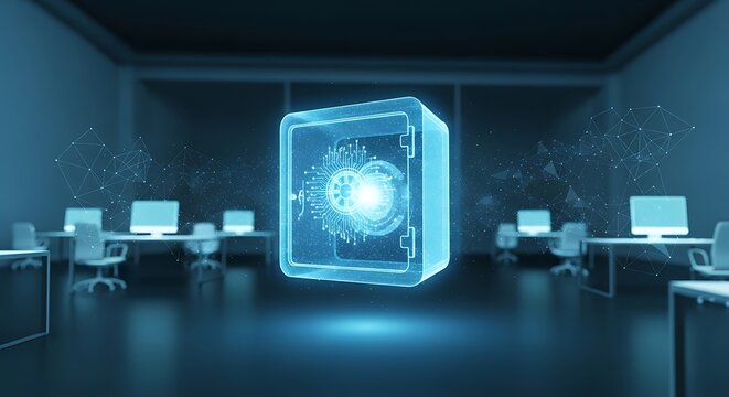 Futuristic office with a digital safe floating in the center, representing data security and protection