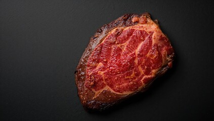 Fototapeta premium Grilled Shoulder Top Blade Cut Steak Featuring Wagyu Beef on a Dark Surface, Overhead Shot, with Space for Text