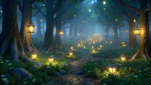 A magical forest path illuminated by lanterns and fairy lights at twilight creating a dreamy scene