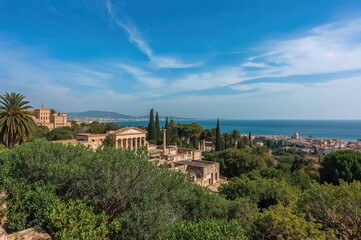 Stunning scenery featuring historic ruins amidst lush greenery and tropical surroundings