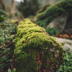Close-up image showcasing vibrant green moss covering a weathered log in a serene woodland setting