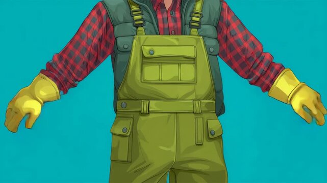 Cartoon-style image of a farmer wearing green overalls, plaid shirt, yellow gloves, and vest, shown against a bright blue background
