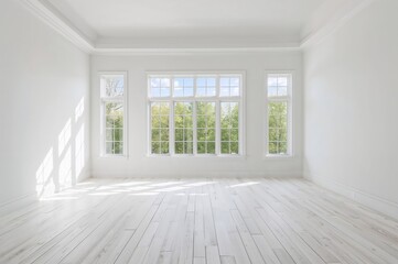 Fototapeta premium Spacious photo studio featuring large windows, lofty ceilings, and white wooden flooring
