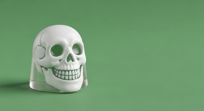 White skull sitting on a green surface with a clear glass base