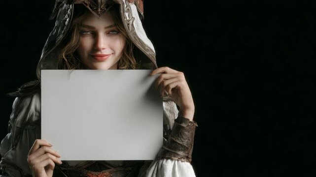 Mysterious fantasy woman in detailed medieval armor holding blank paper sheet, realistic style, dark background, concept of message display