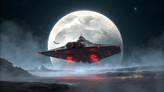 Mysterious alien spacecraft hovers ominously in the night sky against a colossal full moon