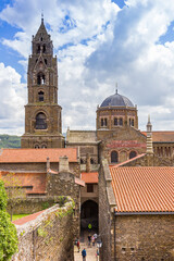 Tower and dome of the historic Notre Dame cathedral in Le Puy-en-Velay, France