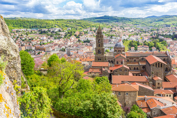 View over the historic cathedral from the volcanic rock in Le Puy-en-Velay, France