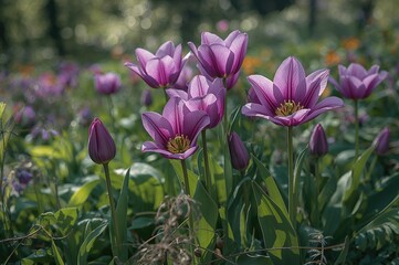 Fototapeta premium Vibrant purple tulips blossoming in an open garden setting