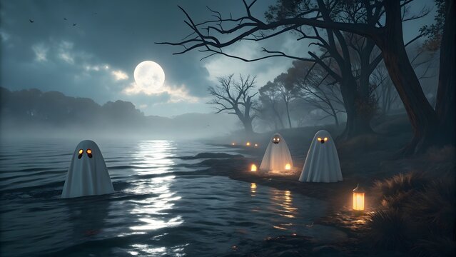 Ethereal spectral figures emerge from a misty moonlit lake on a spooky halloween night