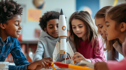 Group of diverse students building a rocket model in classroom, space education theme.