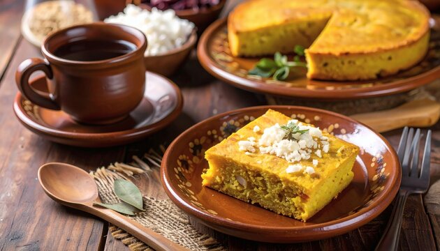 Paraguayan sopa paraguaya traditional cornbread with cheese and onions, sliced and served on clay plates beside herbal tea