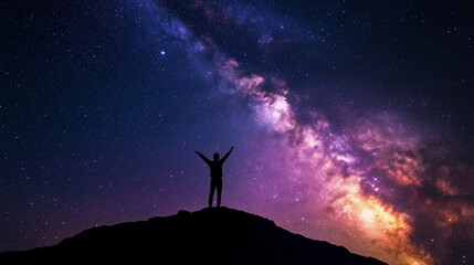 Fototapeta premium Silhouette of person standing on hill pointing at Milky Way galaxy, inspiring astronomy.