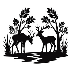Deer Drinking Water River Silhouette Vector