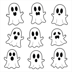 Vector art of a collection of nine cute ghosts in black and white