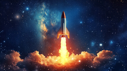 Rocket launching into starry night sky, symbol of exploration and discovery.