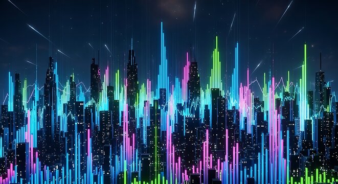 A vibrant cityscape with colorful neon lights illuminating the skyline at night, creating a futuristic ambiance