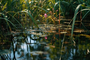 Aquatic vegetation and mirrored visuals as backdrop