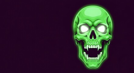 Fototapeta premium Glowing green skull with sharp teeth on a dark purple background