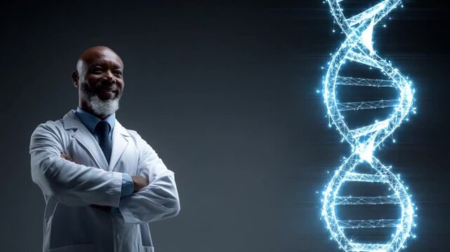 DNA Scientist: A distinguished scientist stands confidently beside a glowing DNA helix, symbolizing groundbreaking research and the marvels of scientific discovery. 