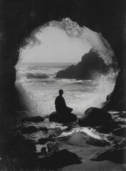 Obraz premium Silhouetted figure in cave, ocean view