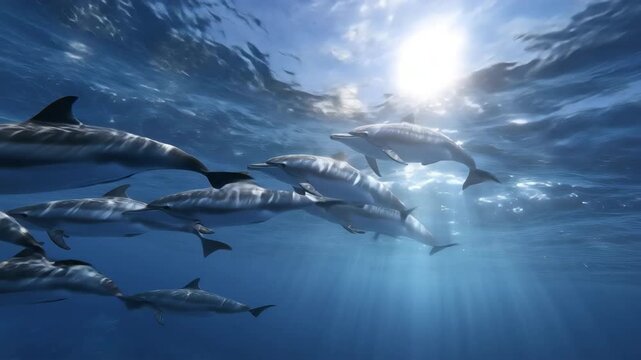 イルカが海中を群れで泳ぐ様子